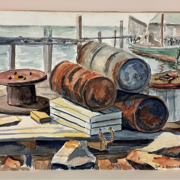 Vintage Original Watercolor Wharf Still Life Signed Double Sided Watercolor